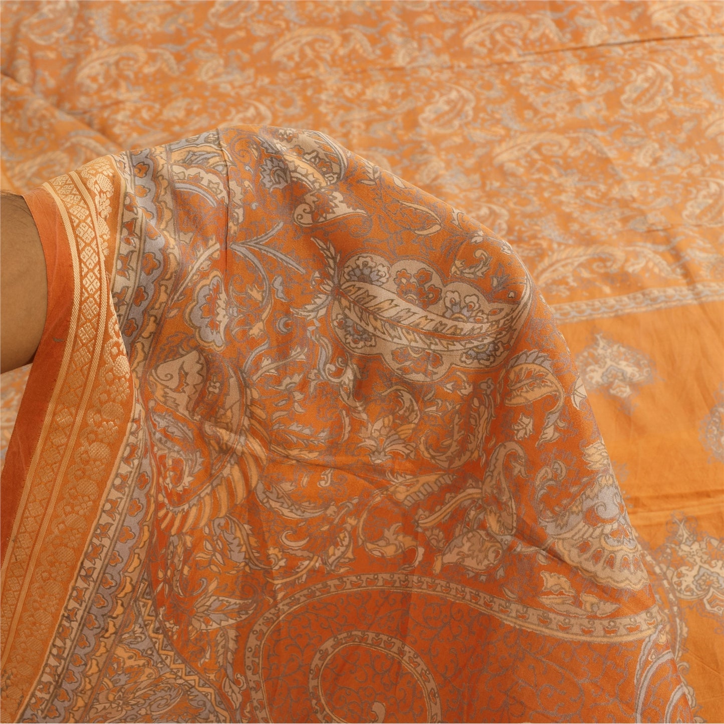 Sanskriti Vintage Sarees Saffron Indian Pure Silk Printed Sari 6yd Craft Sustainable Fabric
