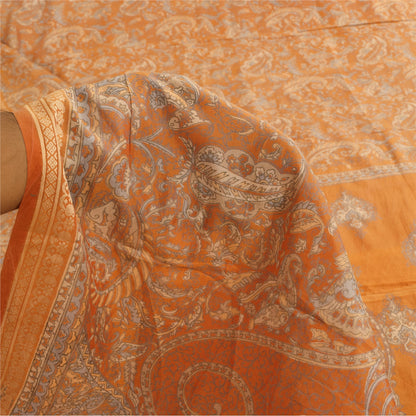 Sanskriti Vintage Sarees Saffron Indian Pure Silk Printed Sari 6yd Craft Sustainable Fabric