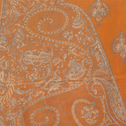 Sanskriti Vintage Sarees Saffron Indian Pure Silk Printed Sari 6yd Craft Sustainable Fabric