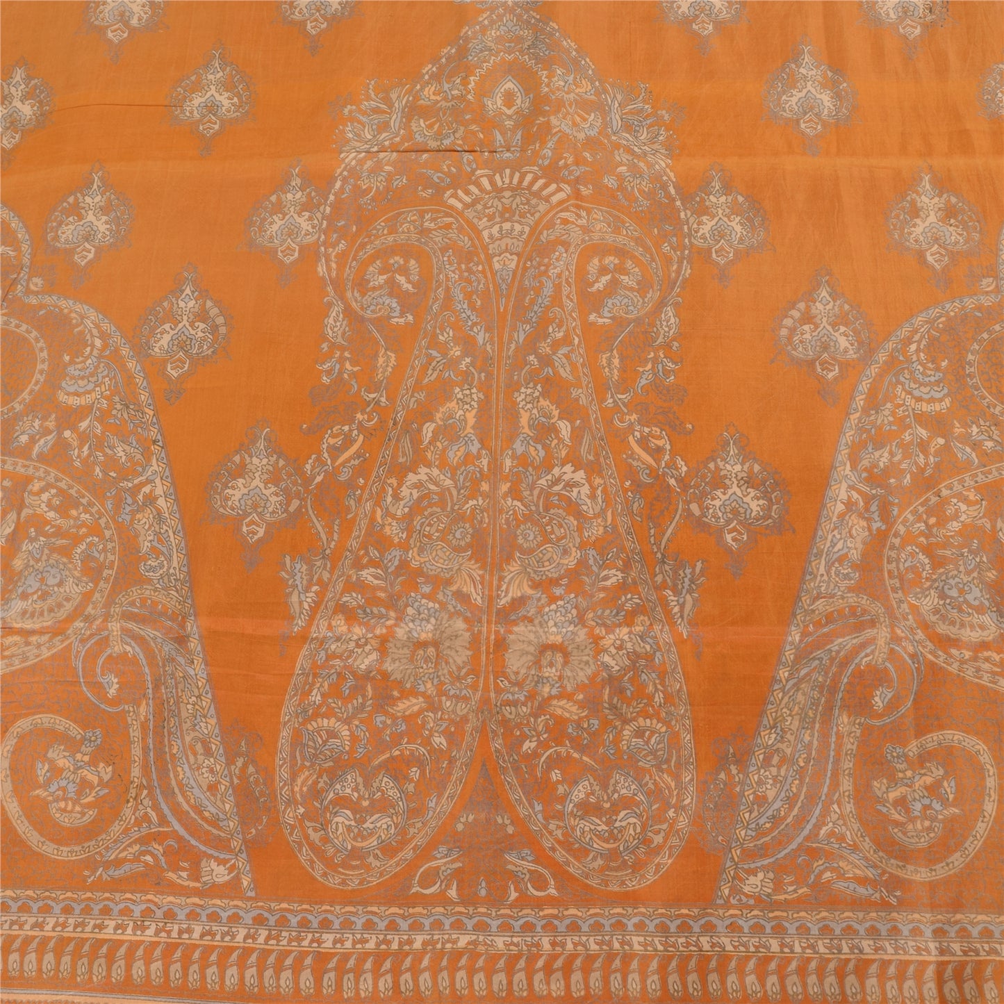Sanskriti Vintage Sarees Saffron Indian Pure Silk Printed Sari 6yd Craft Sustainable Fabric