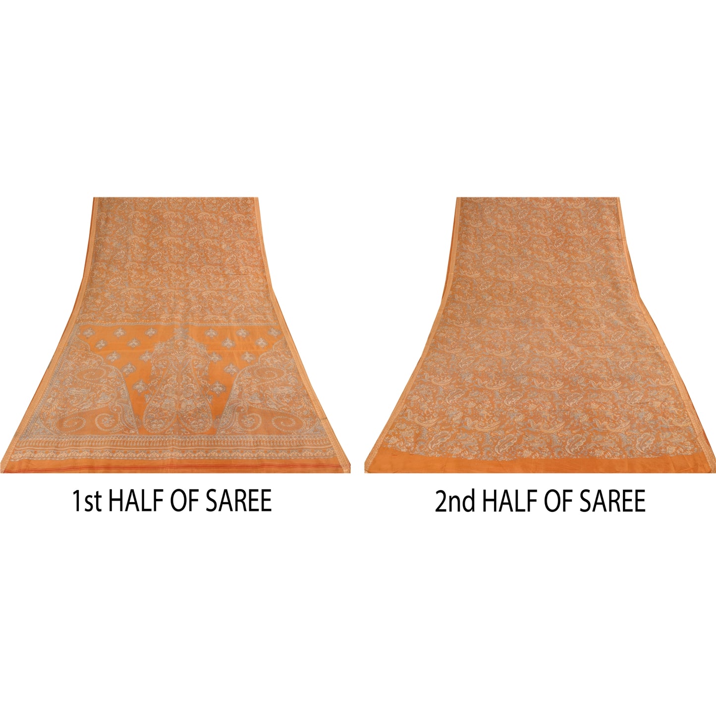 Sanskriti Vintage Sarees Saffron Indian Pure Silk Printed Sari 6yd Craft Sustainable Fabric