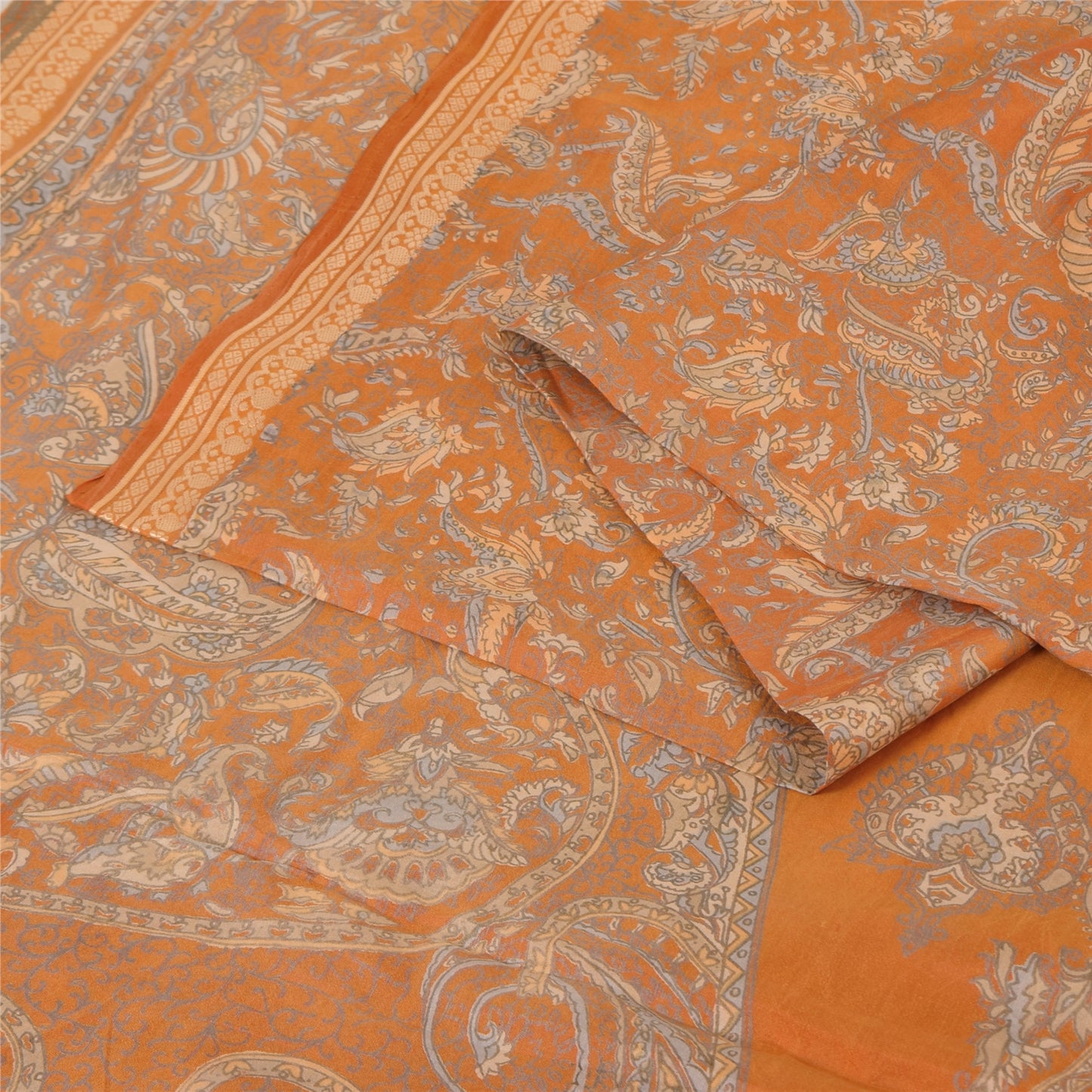 Sanskriti Vintage Sarees Saffron Indian Pure Silk Printed Sari 6yd Craft Sustainable Fabric
