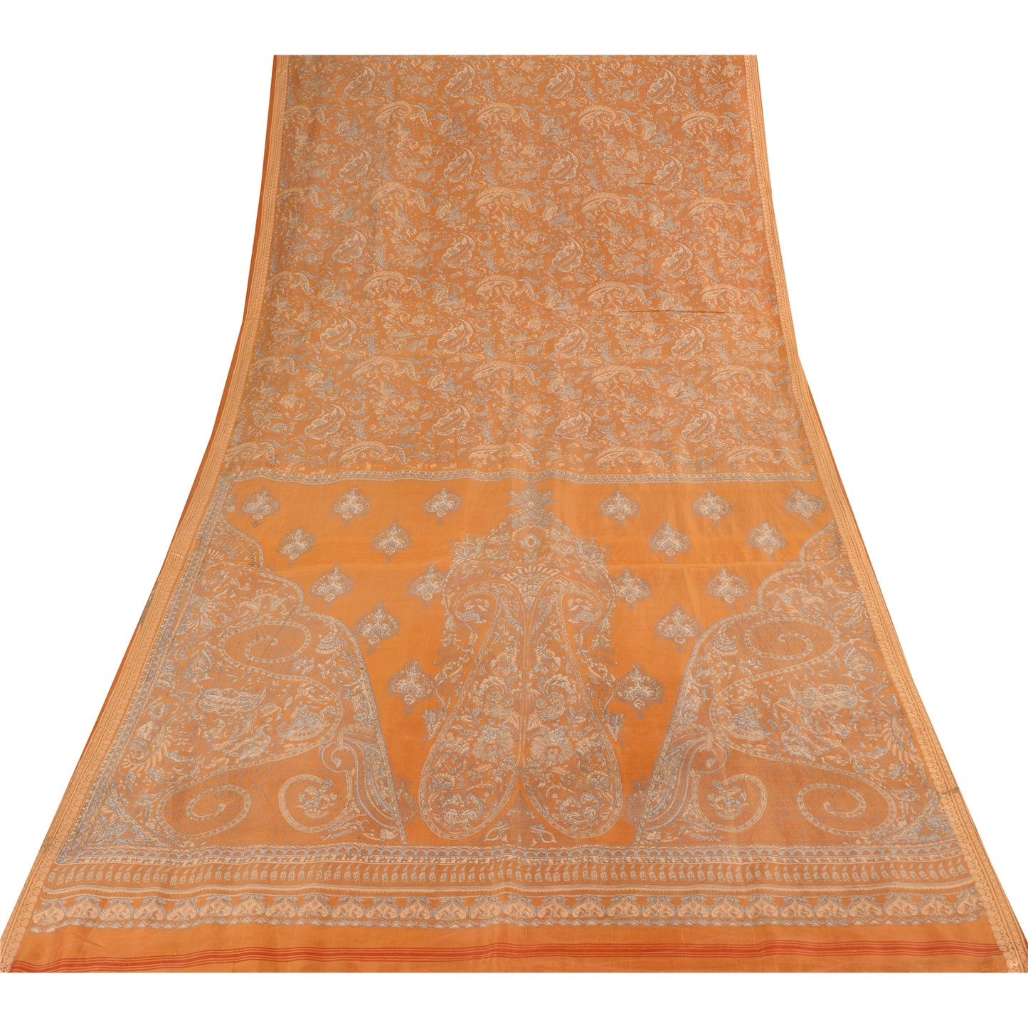 Sanskriti Vintage Sarees Saffron Indian Pure Silk Printed Sari 6yd Craft Sustainable Fabric