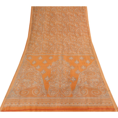 Sanskriti Vintage Sarees Saffron Indian Pure Silk Printed Sari 6yd Craft Sustainable Fabric