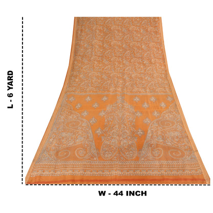 Sanskriti Vintage Sarees Saffron Indian Pure Silk Printed Sari 6yd Craft Sustainable Fabric