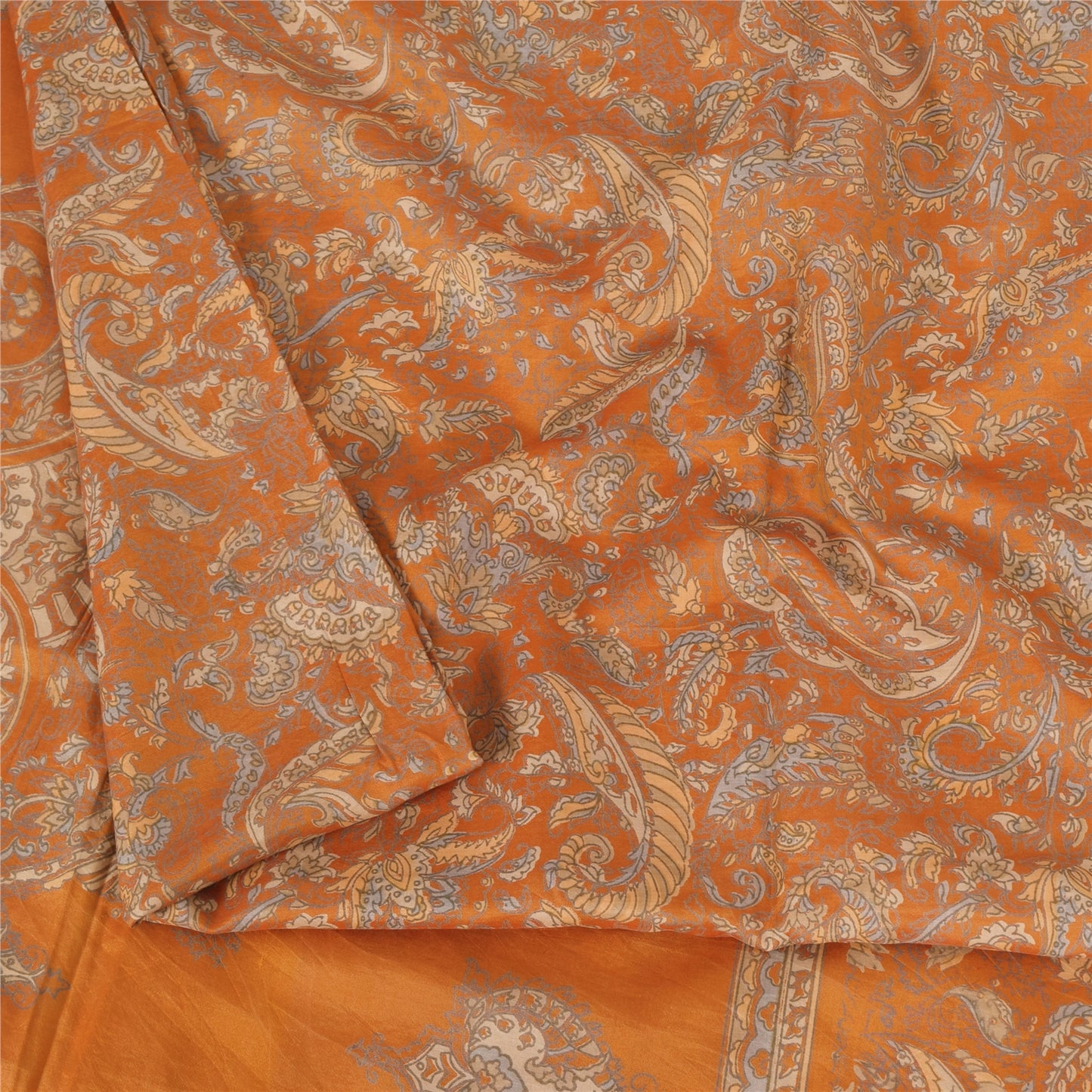 Sanskriti Vintage Sarees Saffron Indian Pure Silk Printed Sari 6yd Craft Sustainable Fabric