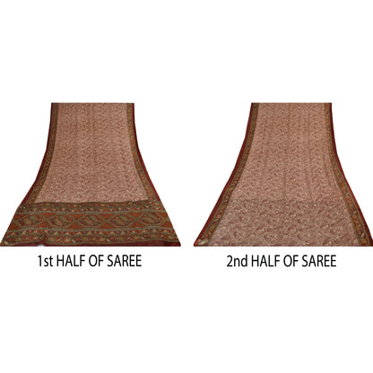 Sanskriti Vintage Sarees Dark Red 100% Pure Silk Printed Sari 5yd Craft Sustainable Fabric