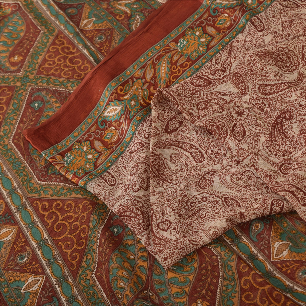 Sanskriti Vintage Sarees Dark Red 100% Pure Silk Printed Sari 5yd Craft Sustainable Fabric
