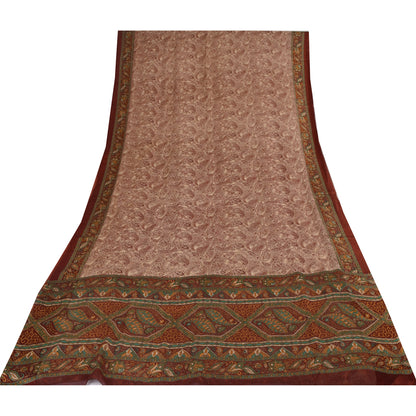 Sanskriti Vintage Sarees Dark Red 100% Pure Silk Printed Sari 5yd Craft Sustainable Fabric