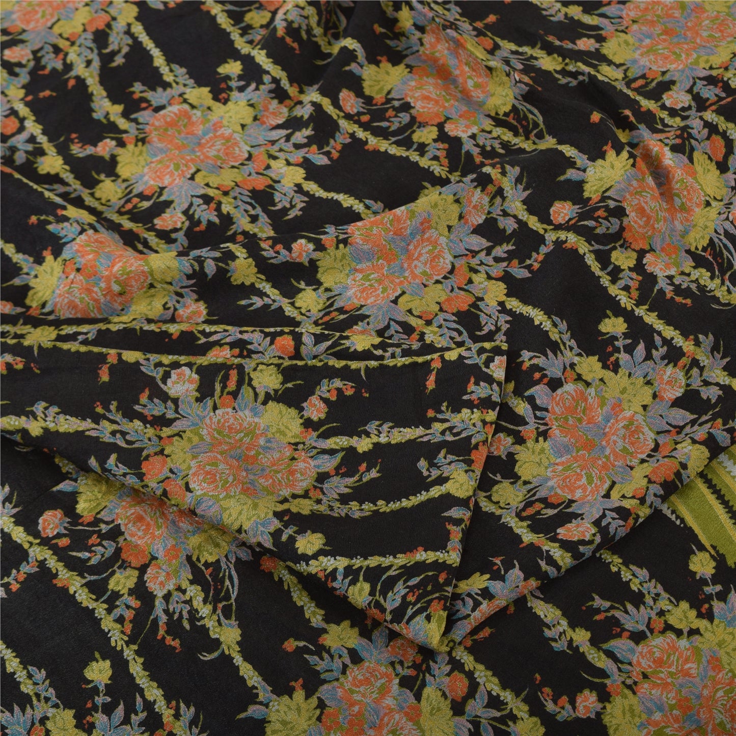 Sanskriti Vintage Sarees Green 100% Pure Silk Printed Sari 6yd Soft Craft Sustainable Fabric