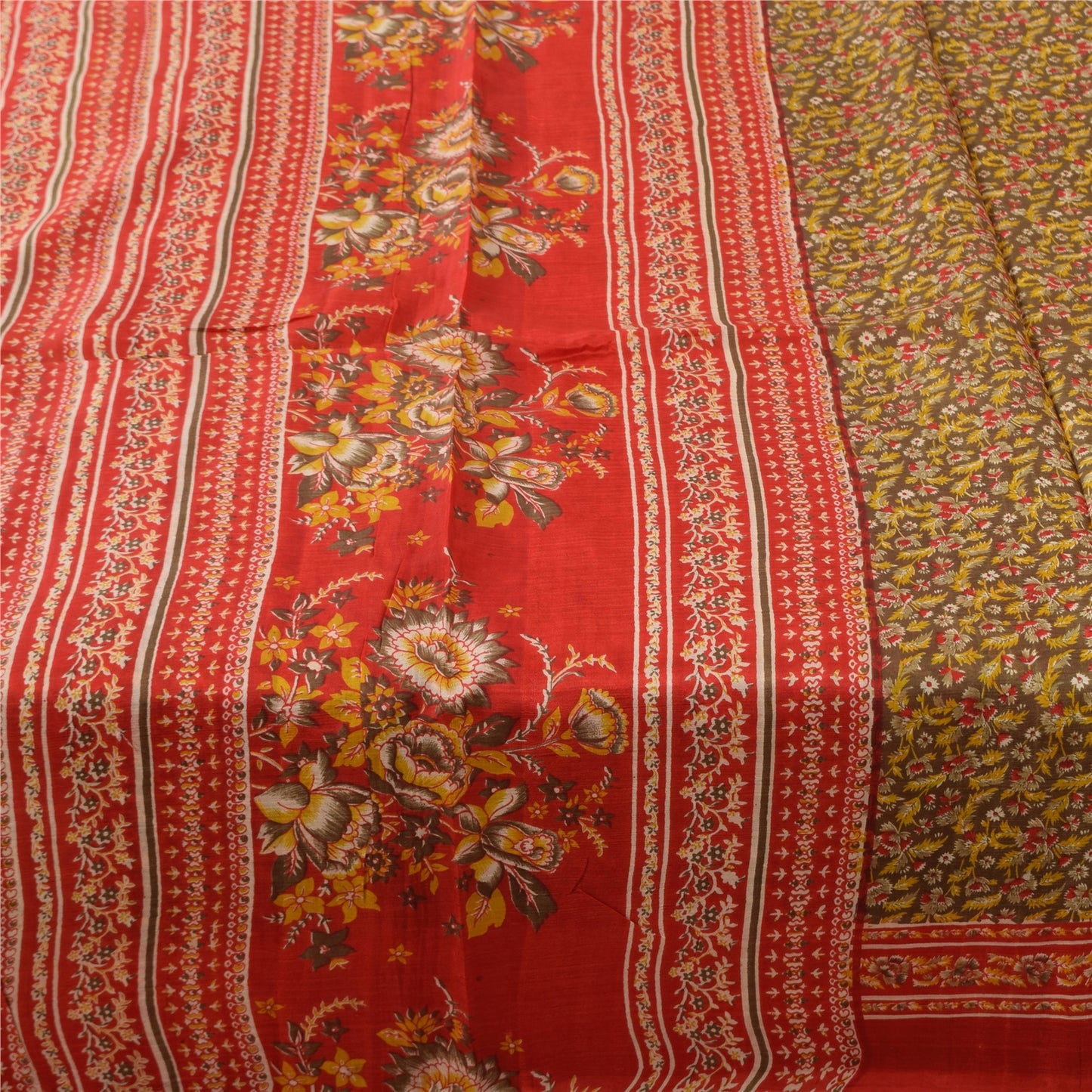 Sanskriti Vintage Sarees Heena-Green/Red Pure Silk Printed Sari 6yd Craft Sustainable Fabric