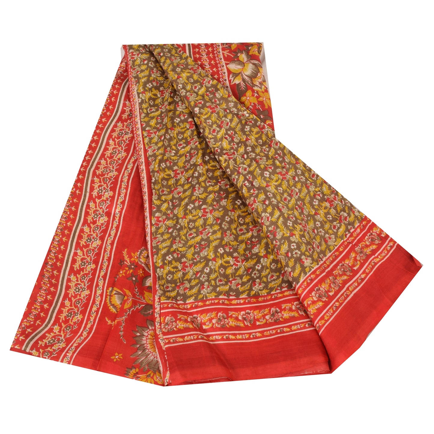 Sanskriti Vintage Sarees Heena-Green/Red Pure Silk Printed Sari 6yd Craft Sustainable Fabric