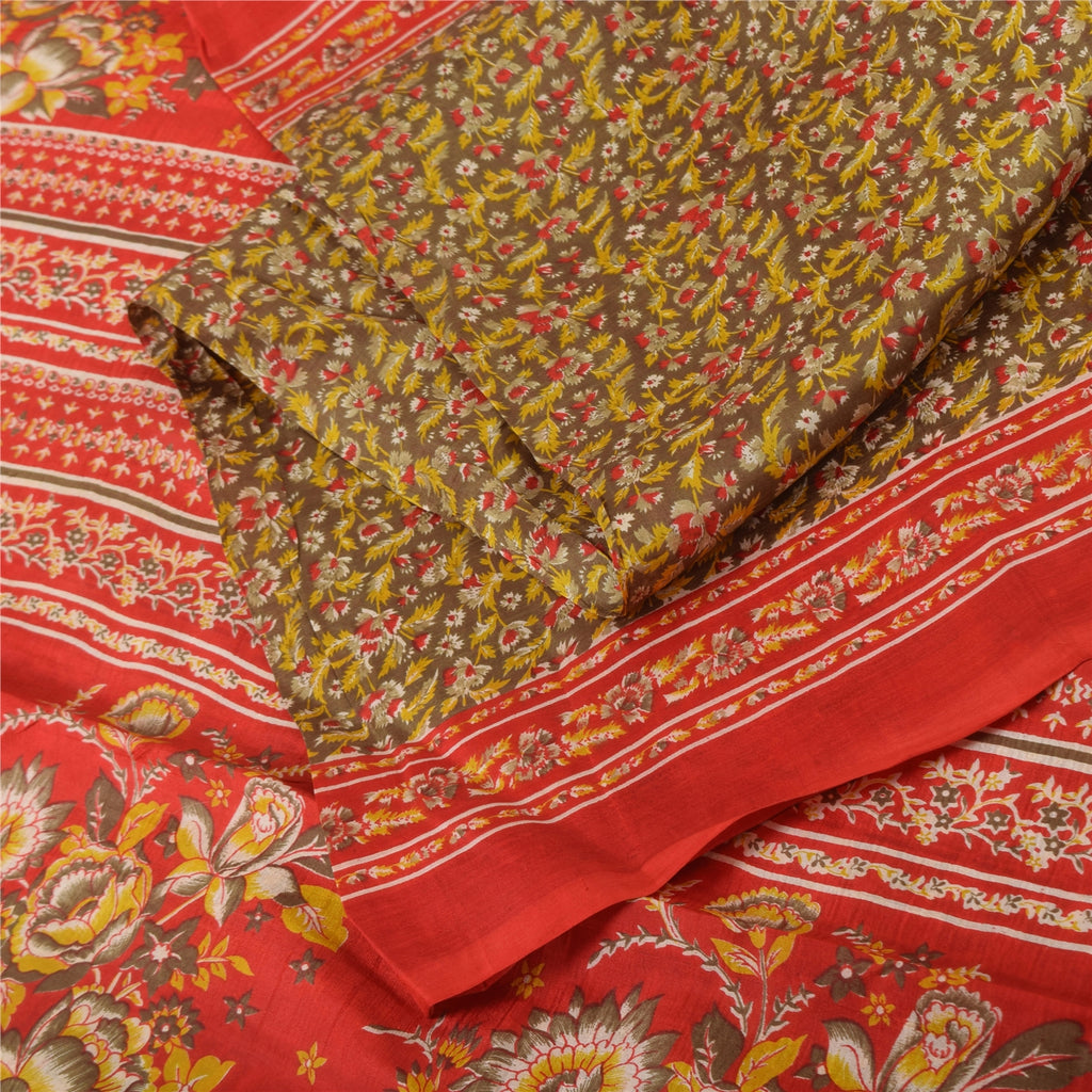 Sanskriti Vintage Sarees Heena-Green/Red Pure Silk Printed Sari 6yd Craft Sustainable Fabric