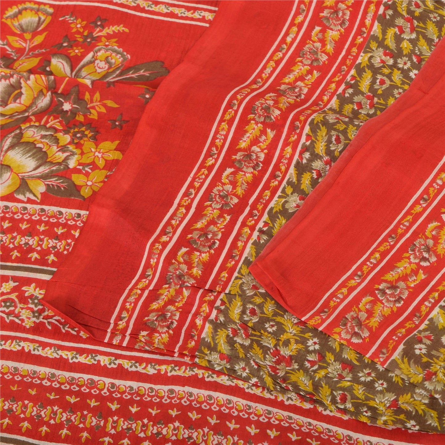 Sanskriti Vintage Sarees Heena-Green/Red Pure Silk Printed Sari 6yd Craft Sustainable Fabric