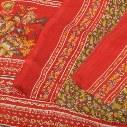 Sanskriti Vintage Sarees Heena-Green/Red Pure Silk Printed Sari 6yd Craft Sustainable Fabric