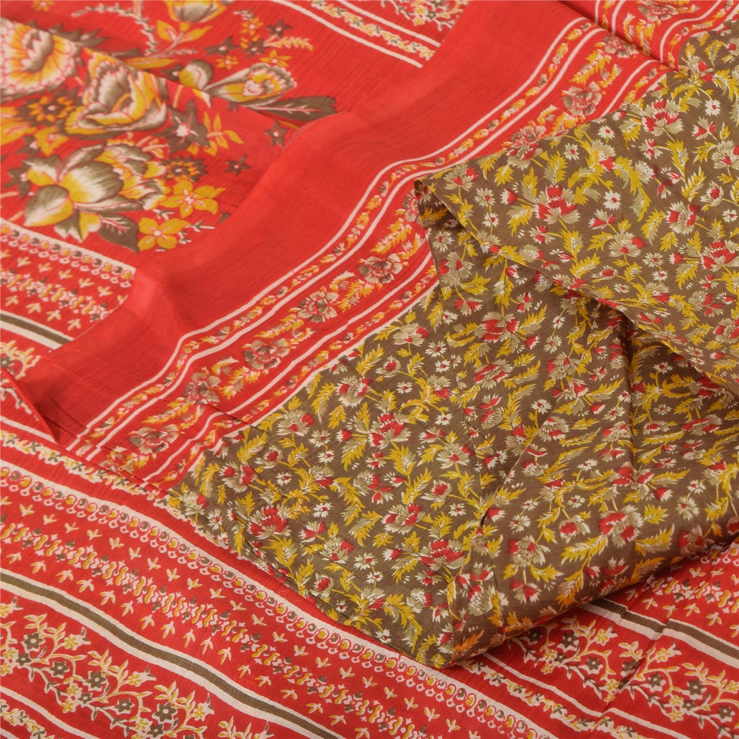 Sanskriti Vintage Sarees Heena-Green/Red Pure Silk Printed Sari 6yd Craft Sustainable Fabric