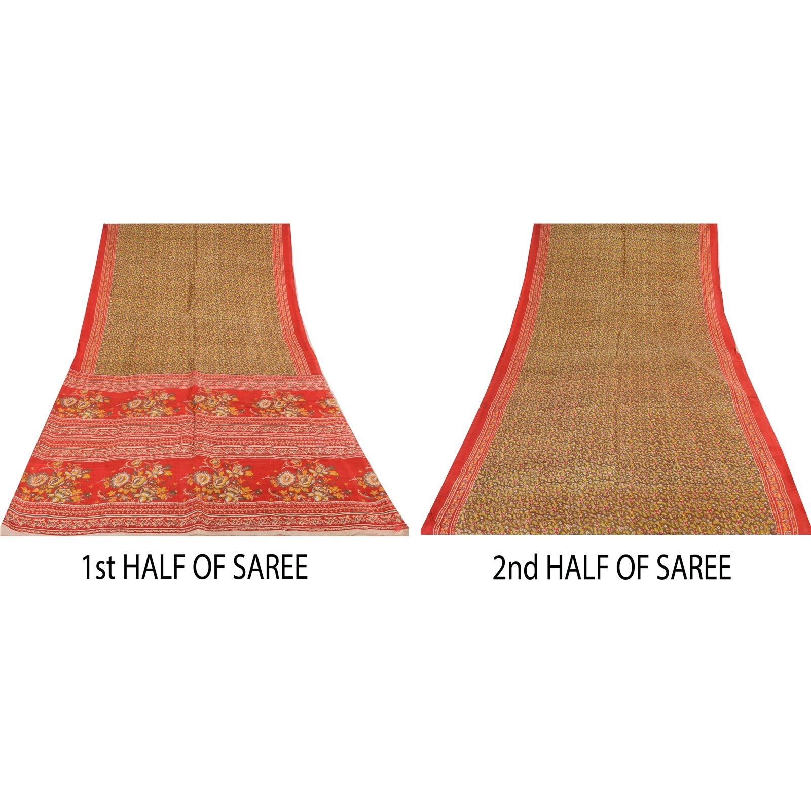 Sanskriti Vintage Saree 100% Pure Silk Saree Heena-Green & Red Printed 6Yd Craft Fabric Upcycled Sarongs, Scarves, or Stoles