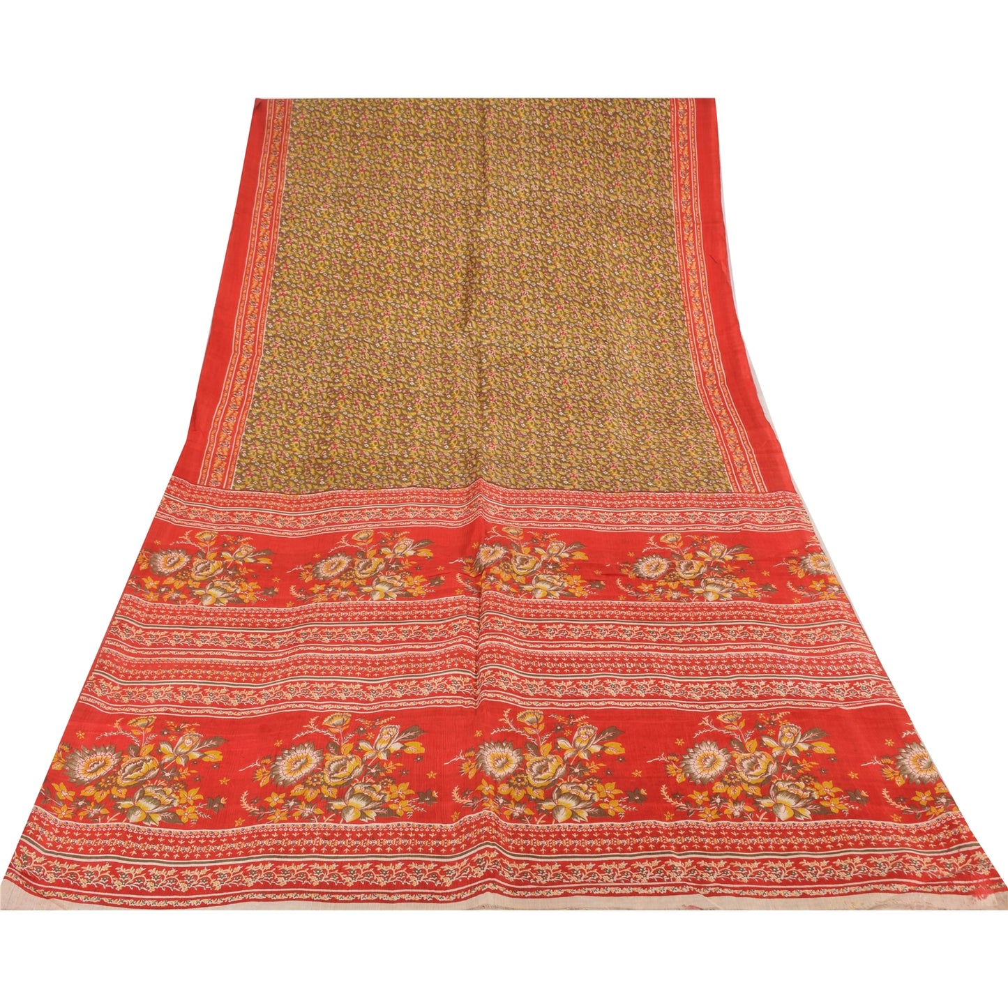 Sanskriti Vintage Sarees Heena-Green/Red Pure Silk Printed Sari 6yd Craft Sustainable Fabric