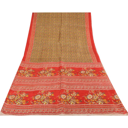 Sanskriti Vintage Sarees Heena-Green/Red Pure Silk Printed Sari 6yd Craft Sustainable Fabric