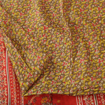 Sanskriti Vintage Sarees Heena-Green/Red Pure Silk Printed Sari 6yd Craft Sustainable Fabric