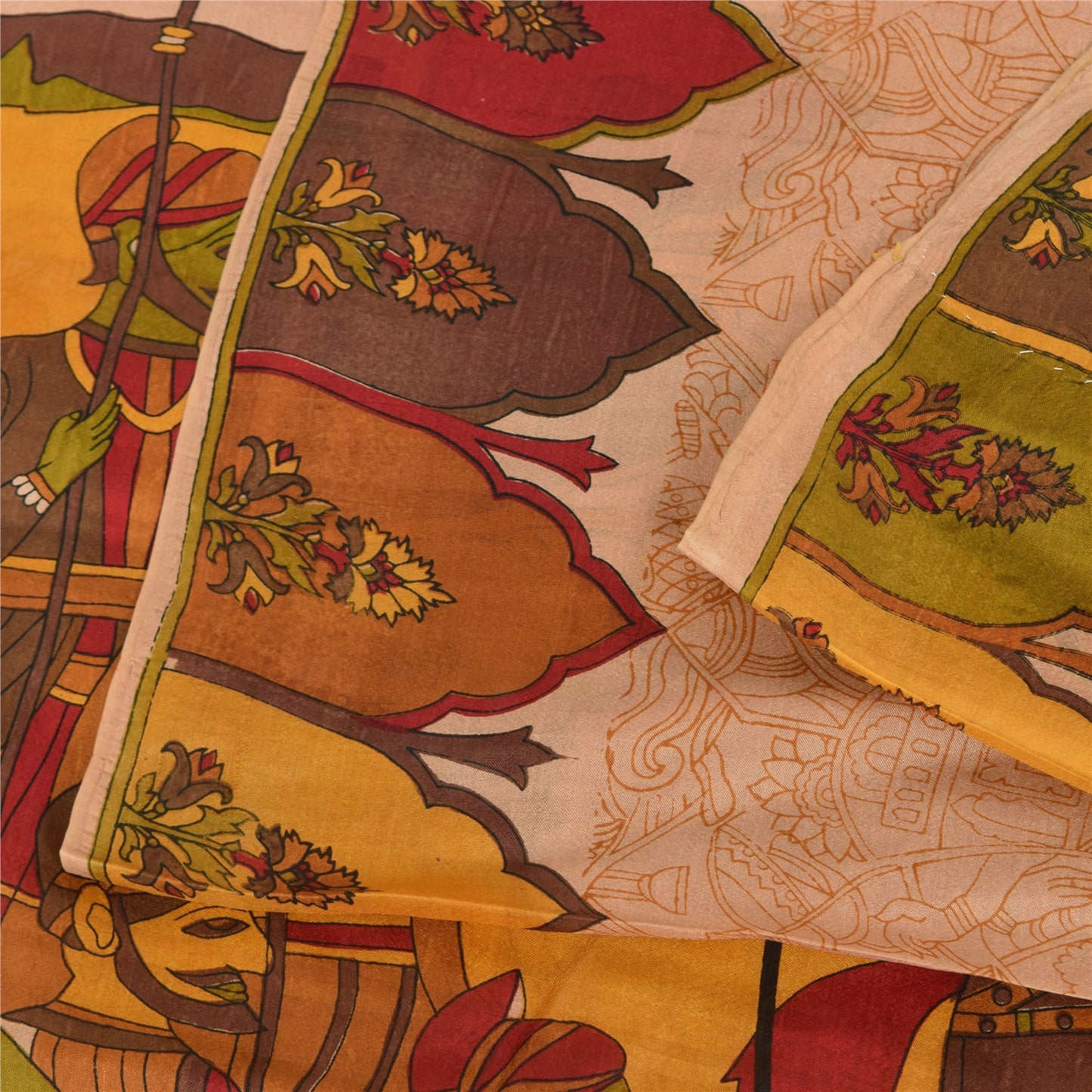 Sanskriti Vintage Sarees Peach 100%Pure Silk Human Printed Sari 6yd Craft Sustainable Fabric