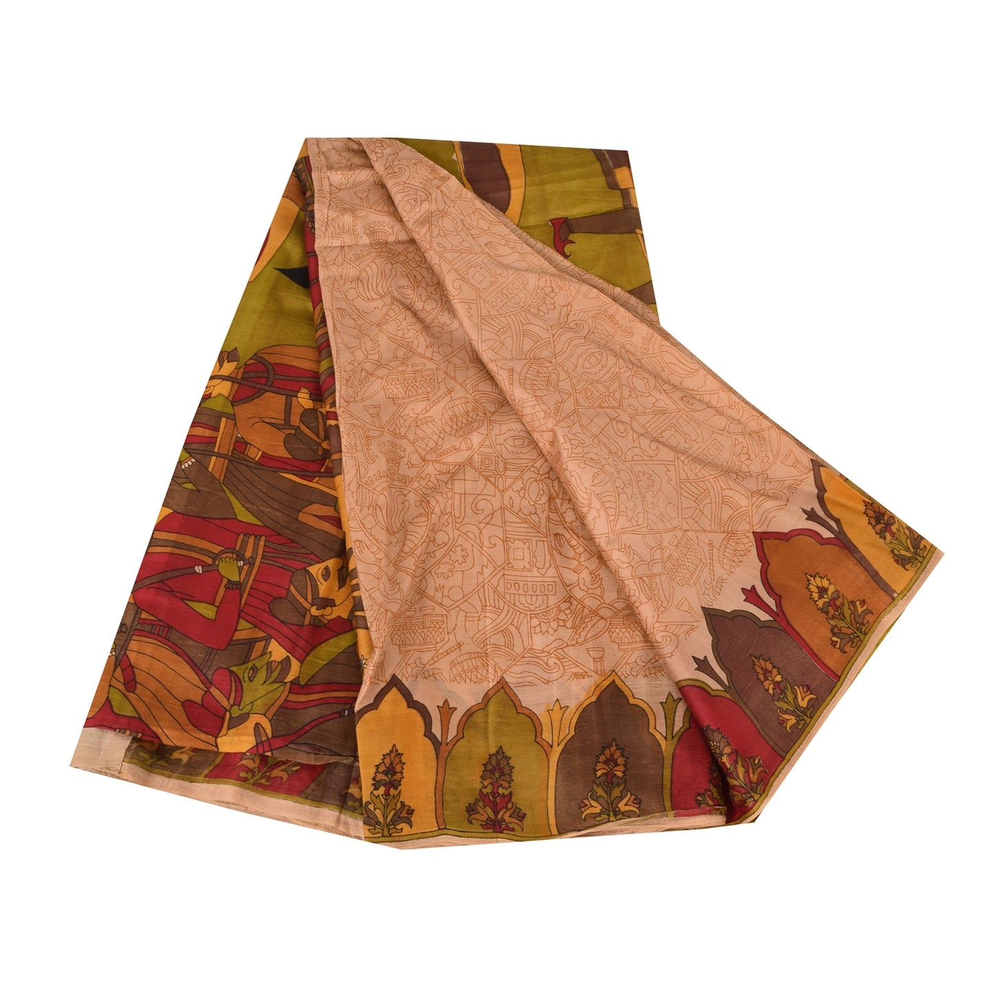 Sanskriti Vintage Sarees Peach 100%Pure Silk Human Printed Sari 6yd Craft Sustainable Fabric