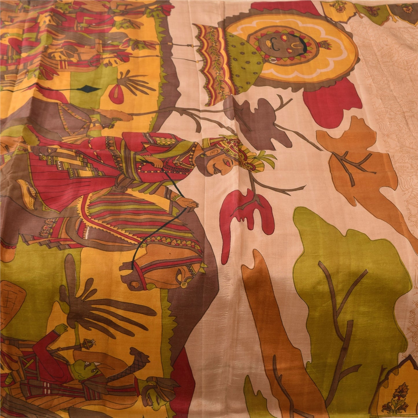 Sanskriti Vintage Sarees Peach 100%Pure Silk Human Printed Sari 6yd Craft Sustainable Fabric