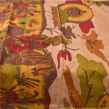 Sanskriti Vintage Sarees Peach 100%Pure Silk Human Printed Sari 6yd Craft Sustainable Fabric