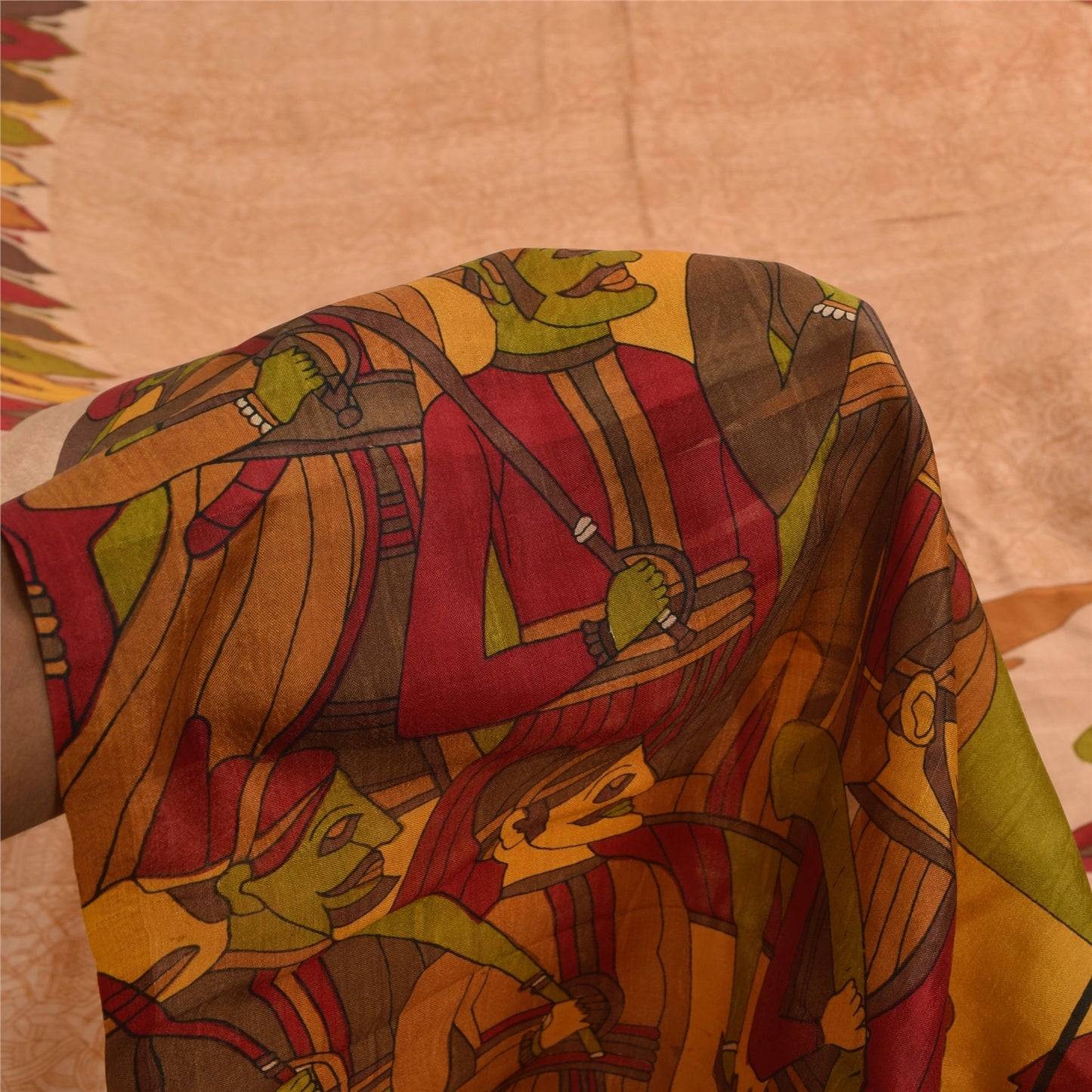 Sanskriti Vintage Sarees Peach 100%Pure Silk Human Printed Sari 6yd Craft Sustainable Fabric