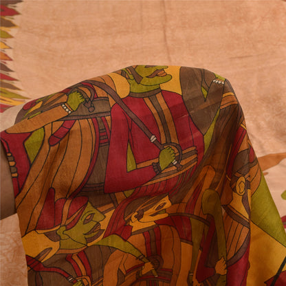 Sanskriti Vintage Sarees Peach 100%Pure Silk Human Printed Sari 6yd Craft Sustainable Fabric