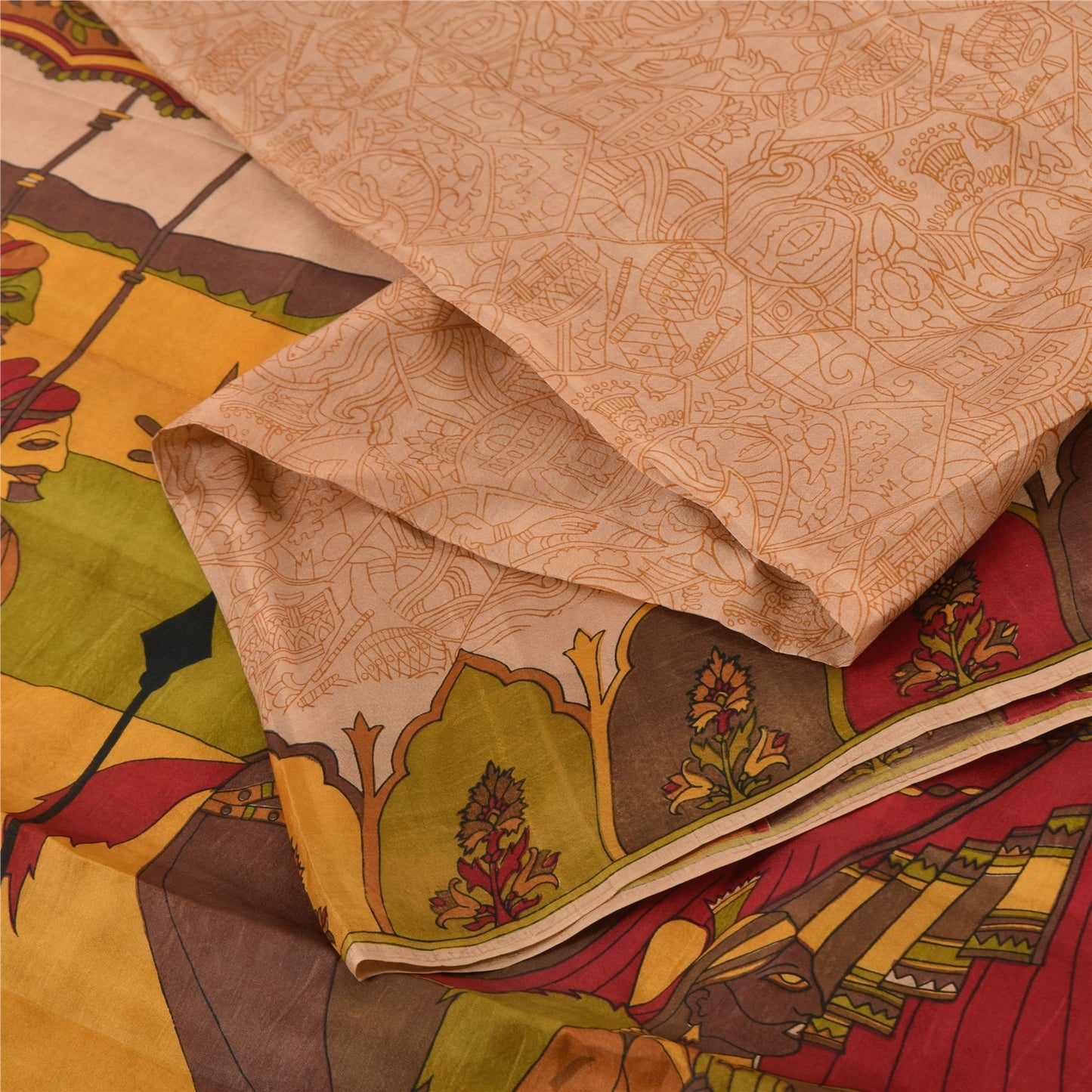 Sanskriti Vintage Sarees Peach 100%Pure Silk Human Printed Sari 6yd Craft Sustainable Fabric