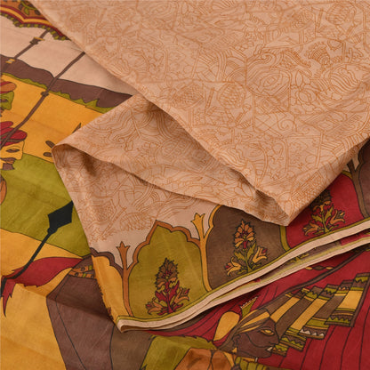 Sanskriti Vintage Sarees Peach 100%Pure Silk Human Printed Sari 6yd Craft Sustainable Fabric