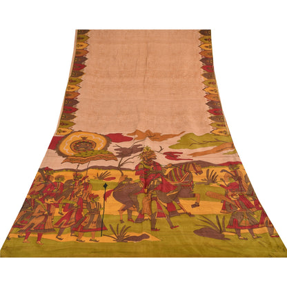 Sanskriti Vintage Sarees Peach 100%Pure Silk Human Printed Sari 6yd Craft Sustainable Fabric