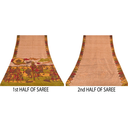 Sanskriti Vintage Sarees Peach 100%Pure Silk Human Printed Sari 6yd Craft Sustainable Fabric