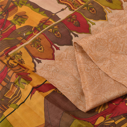 Sanskriti Vintage Sarees Peach 100%Pure Silk Human Printed Sari 6yd Craft Sustainable Fabric