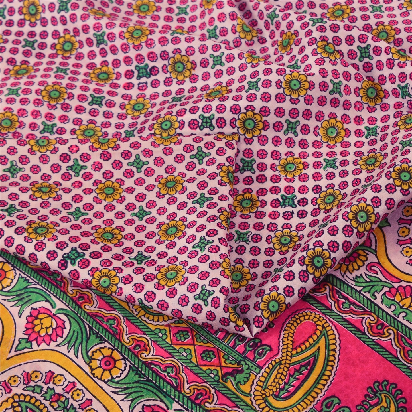 Sanskriti Vintage Sarees From India Pink Pure Silk Printed Sari 6yd Craft Sustainable Fabric