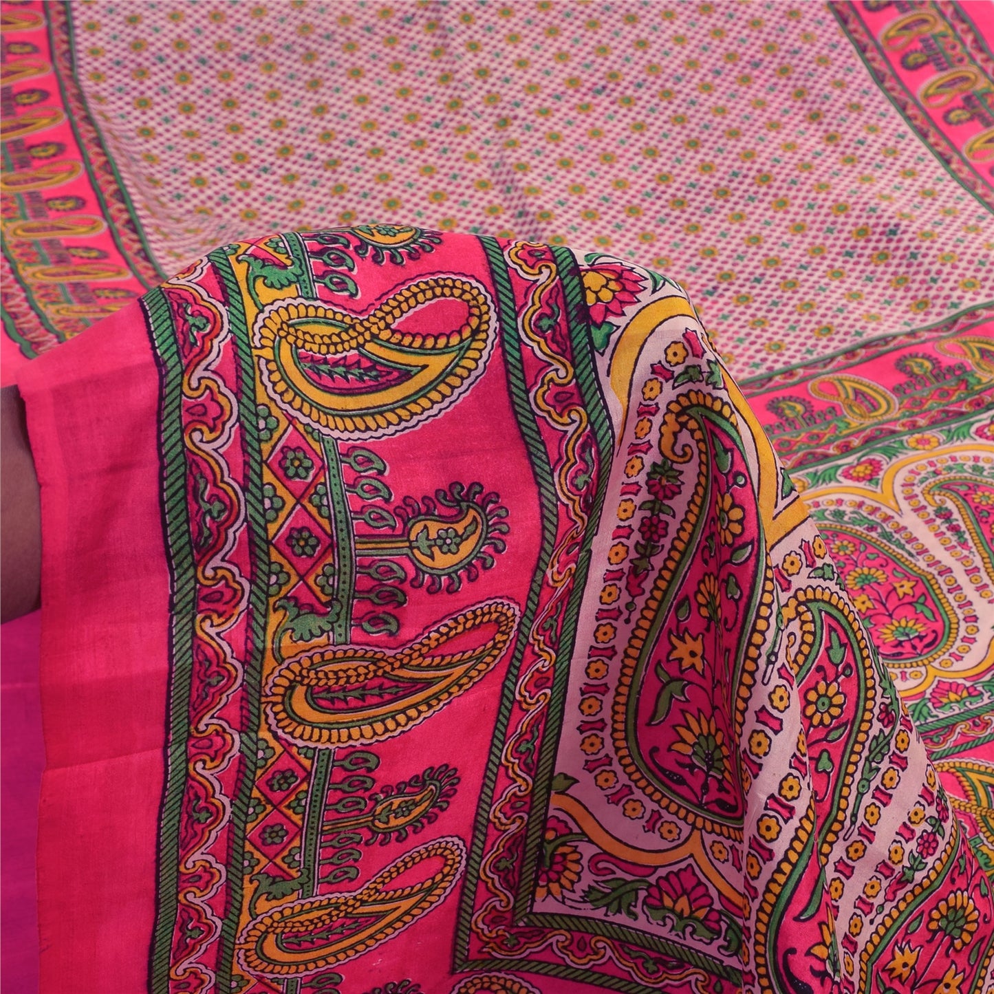 Sanskriti Vintage Sarees From India Pink Pure Silk Printed Sari 6yd Craft Sustainable Fabric