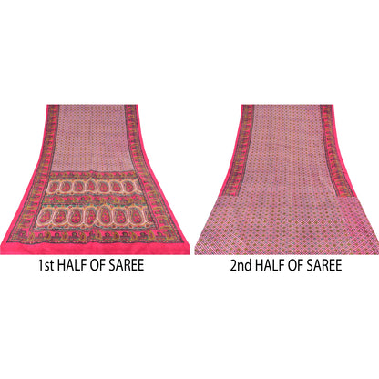 Sanskriti Vintage Sarees From India Pink Pure Silk Printed Sari 6yd Craft Sustainable Fabric