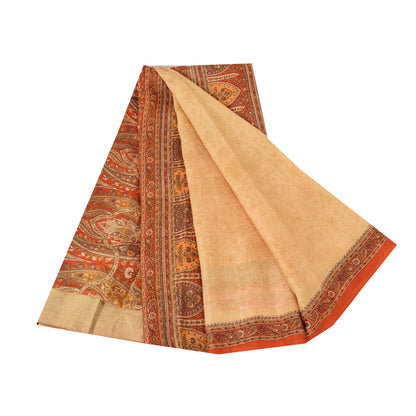Sanskriti Vintage Sarees Beige/Red 100% Pure Silk Printed Sari 6yd Craft Fabric