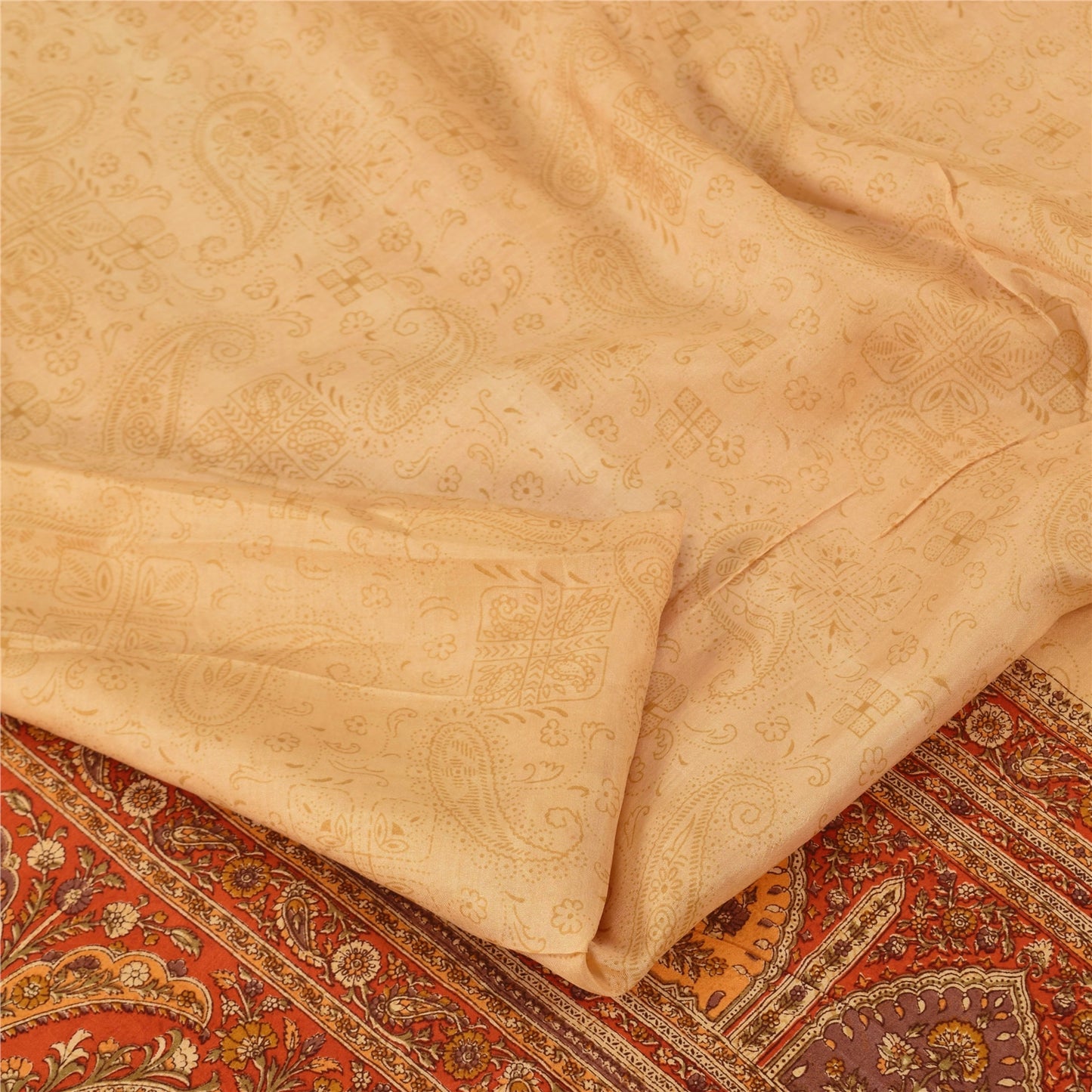 Sanskriti Vintage Sarees Beige/Red 100% Pure Silk Printed Sari 6yd Craft Fabric