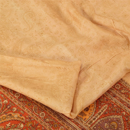 Sanskriti Vintage Sarees Beige/Red 100% Pure Silk Printed Sari 6yd Craft Fabric