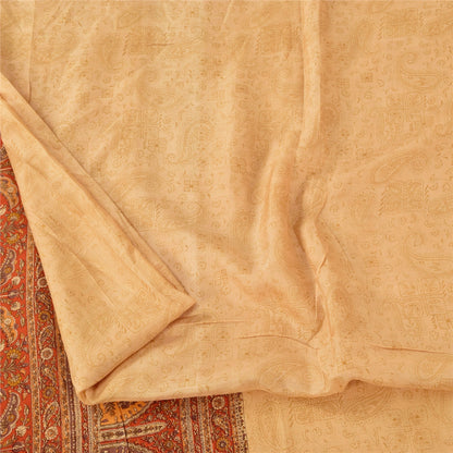 Sanskriti Vintage Sarees Beige/Red 100% Pure Silk Printed Sari 6yd Craft Fabric
