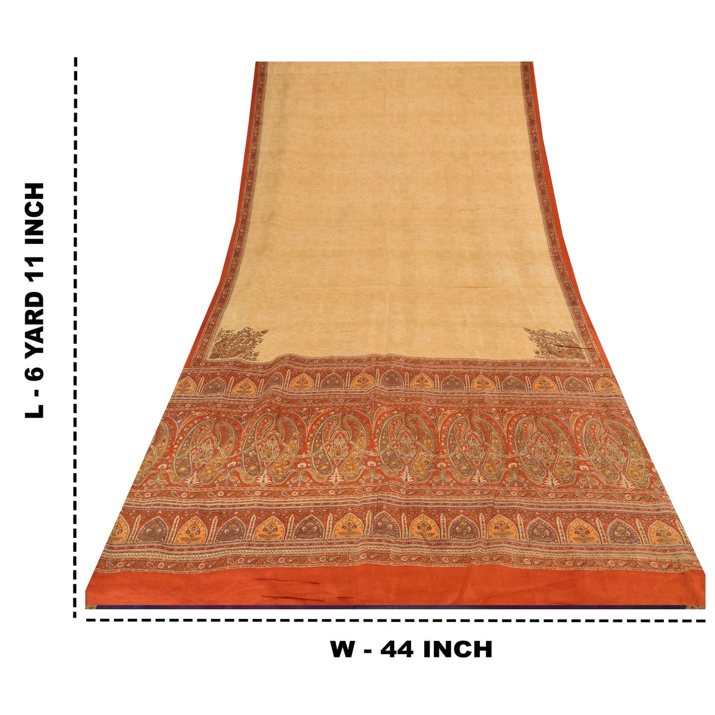 Sanskriti Vintage Sarees Beige/Red 100% Pure Silk Printed Sari 6yd Craft Fabric