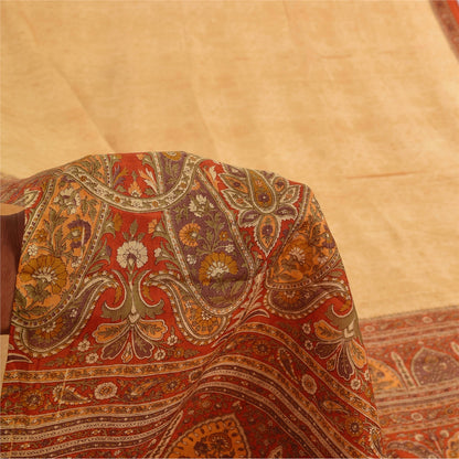 Sanskriti Vintage Sarees Beige/Red 100% Pure Silk Printed Sari 6yd Craft Fabric