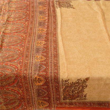 Sanskriti Vintage Sarees Beige/Red 100% Pure Silk Printed Sari 6yd Craft Fabric