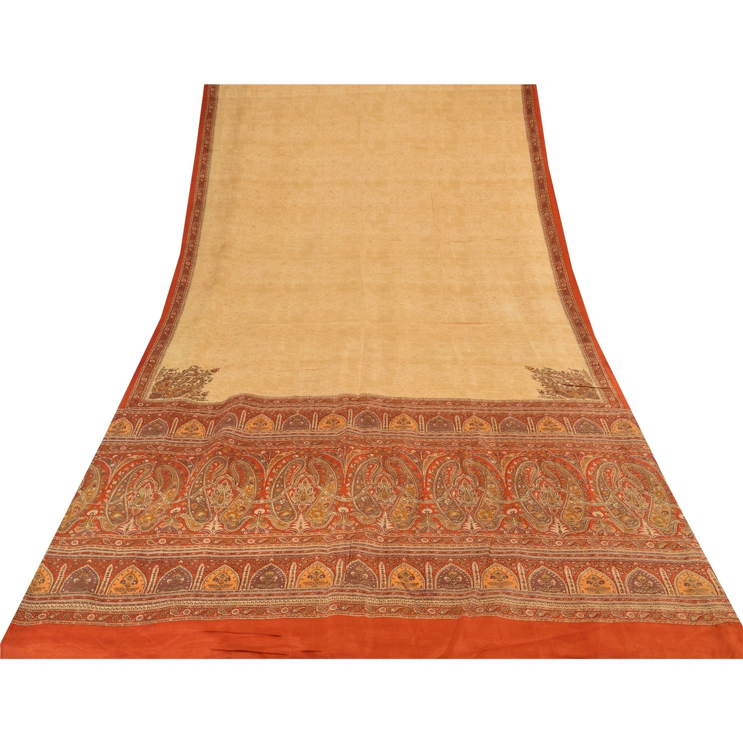 Sanskriti Vintage Sarees Beige/Red 100% Pure Silk Printed Sari 6yd Craft Fabric