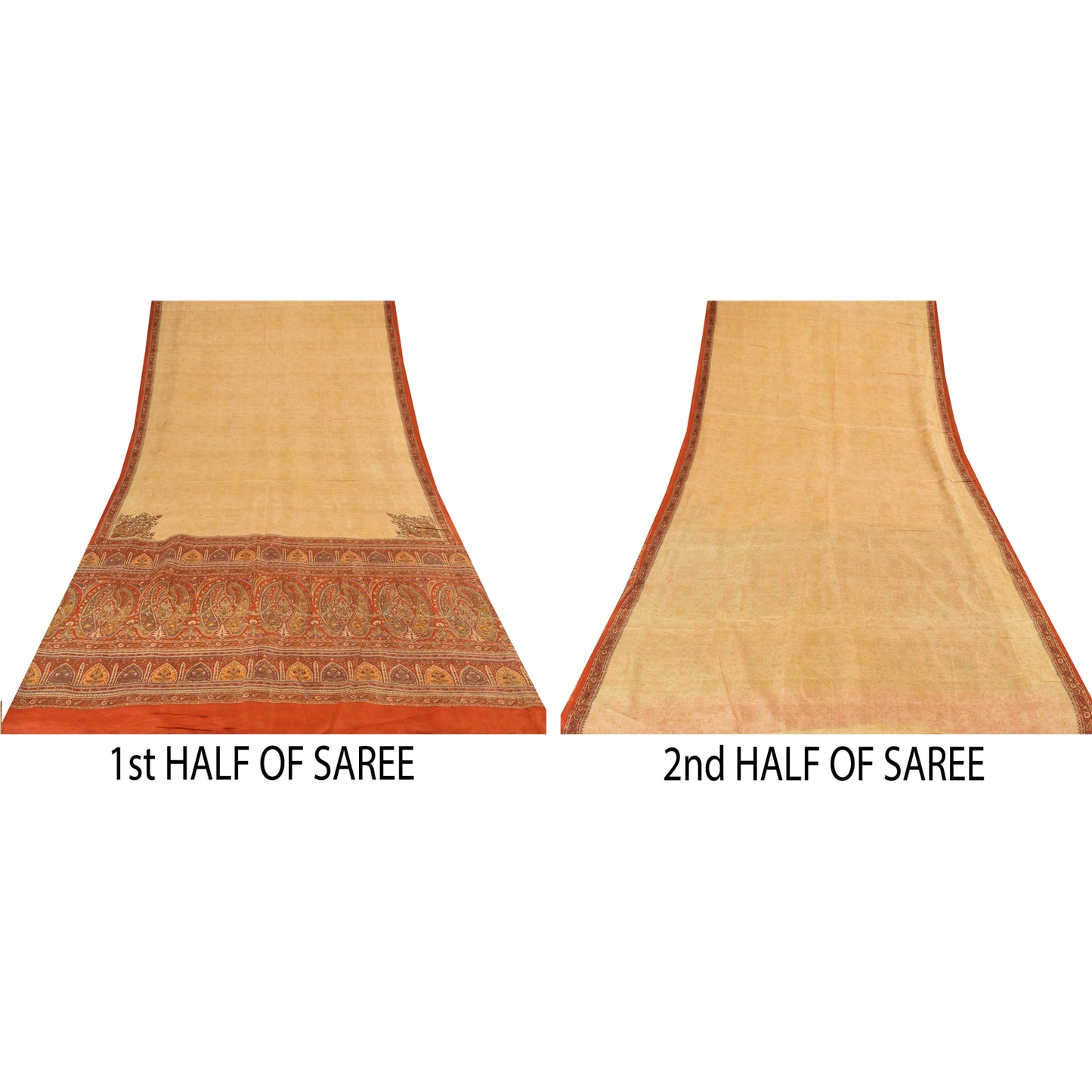 Sanskriti Vintage Sarees Beige/Red 100% Pure Silk Printed Sari 6yd Craft Fabric