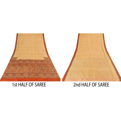 Sanskriti Vintage Sarees Beige/Red 100% Pure Silk Printed Sari 6yd Craft Fabric