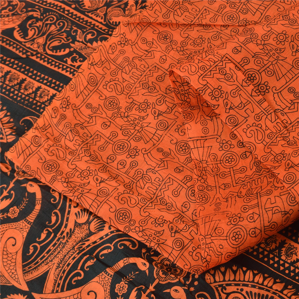 Sanskriti Vintage Sarees Orange Peacock Pure Silk Printed Sari 5yd Craft Sustainable Fabric