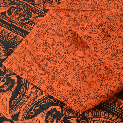 Sanskriti Vintage Sarees Orange Peacock Pure Silk Printed Sari 5yd Craft Sustainable Fabric